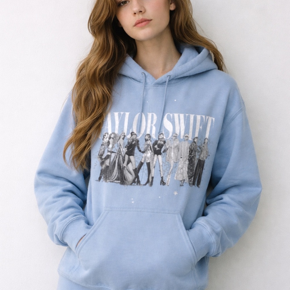 Taylor Swift light blue oversized Eras Tour hoodie Featuring illustrations